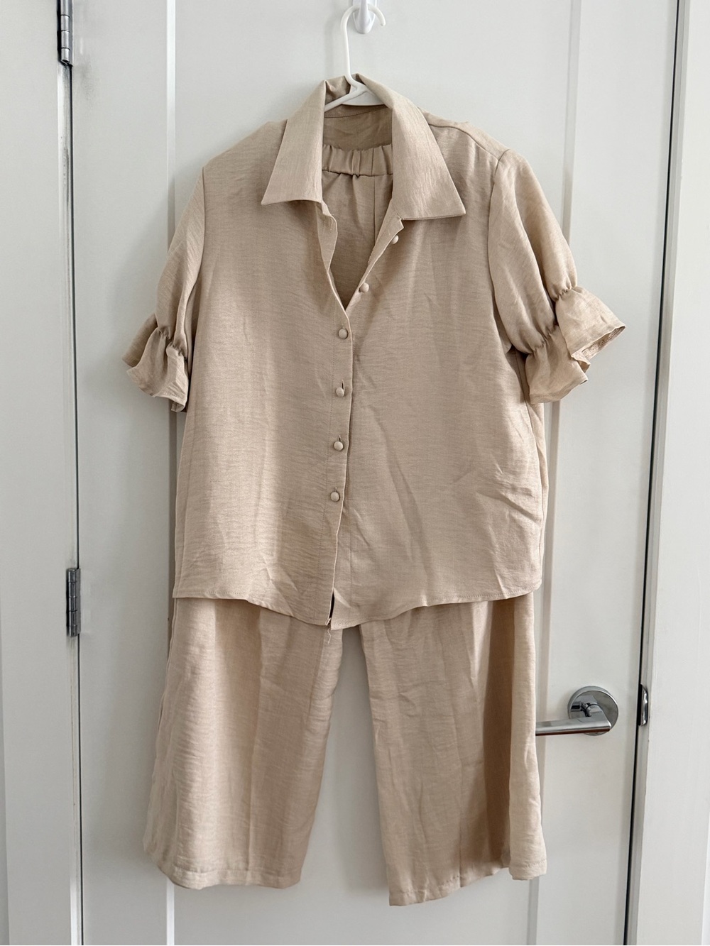 SHEIN Beige Ruffle Sleeve Button Top & Wide Leg Pants Set S